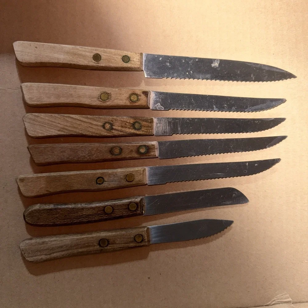 7 Vintage Stainless Steel Japan Steak Knife Serrated Blade Wood Handle Dainty